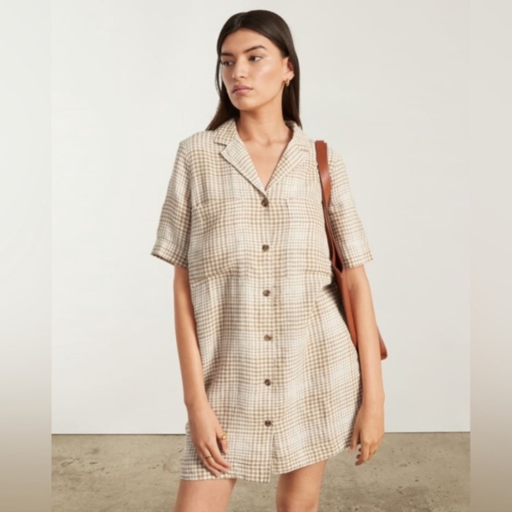 Everlane Beige Plaid Short-Sleeve Shirt Dress